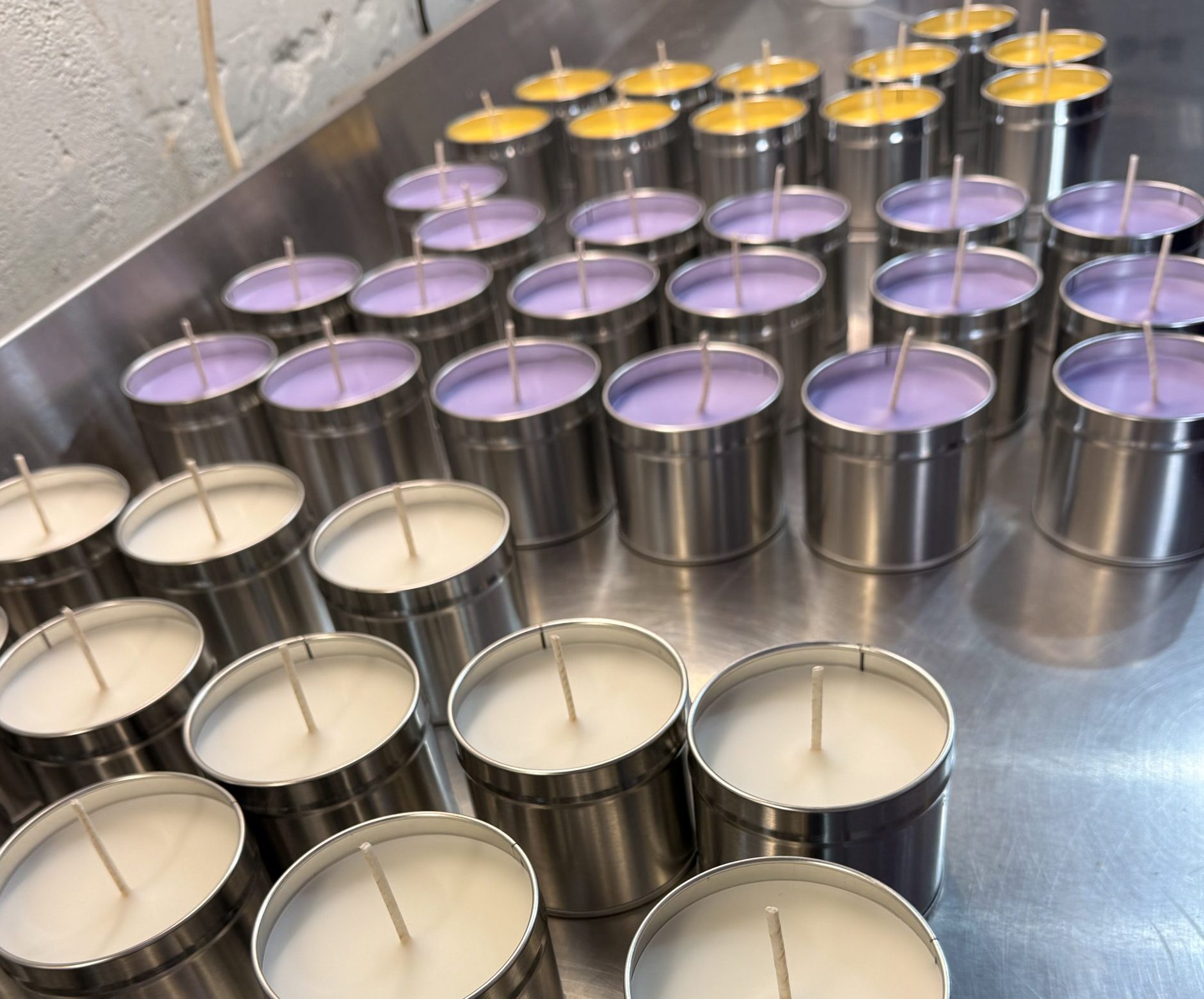 Rows of freshly poured handmade soy wax candles in tins cooling on the workbench at Clive’s Candles studio